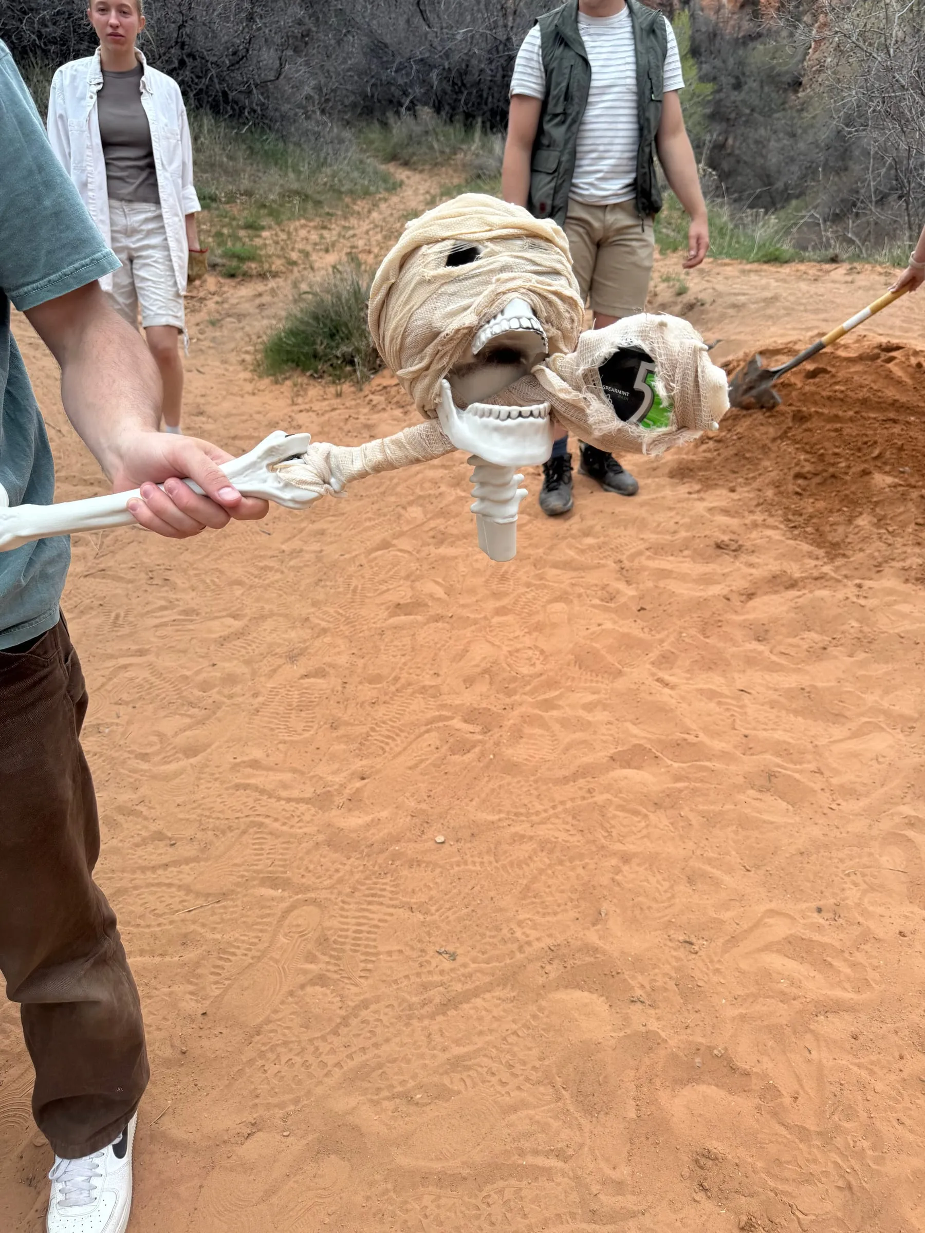 The mummy's bandaged skull and arm held up to the camera, the actors standing in the sand behind