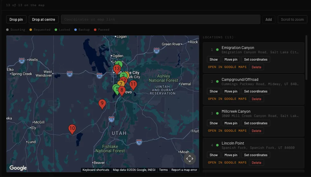 CrewDB's locations for the Rivian spot: 13 pins on a map of northern Utah, colored by status from scouting to locked, beside the list of places and their addresses.