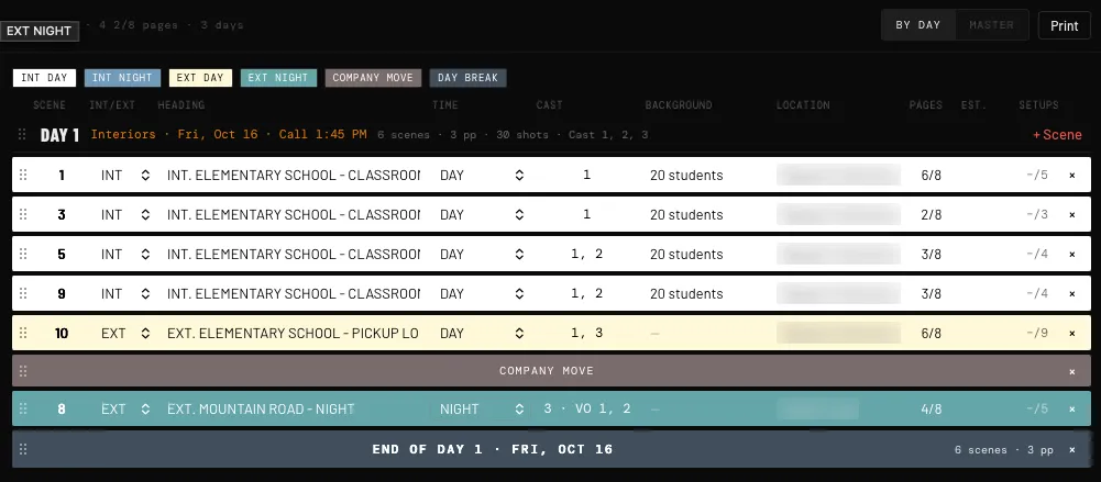 CrewDB's stripboard for day 1 of the Rivian spot: a colored strip for each scene, by interior or exterior and day or night, with its cast, background and page count, then a company move and the end of the day. The locations are blurred.