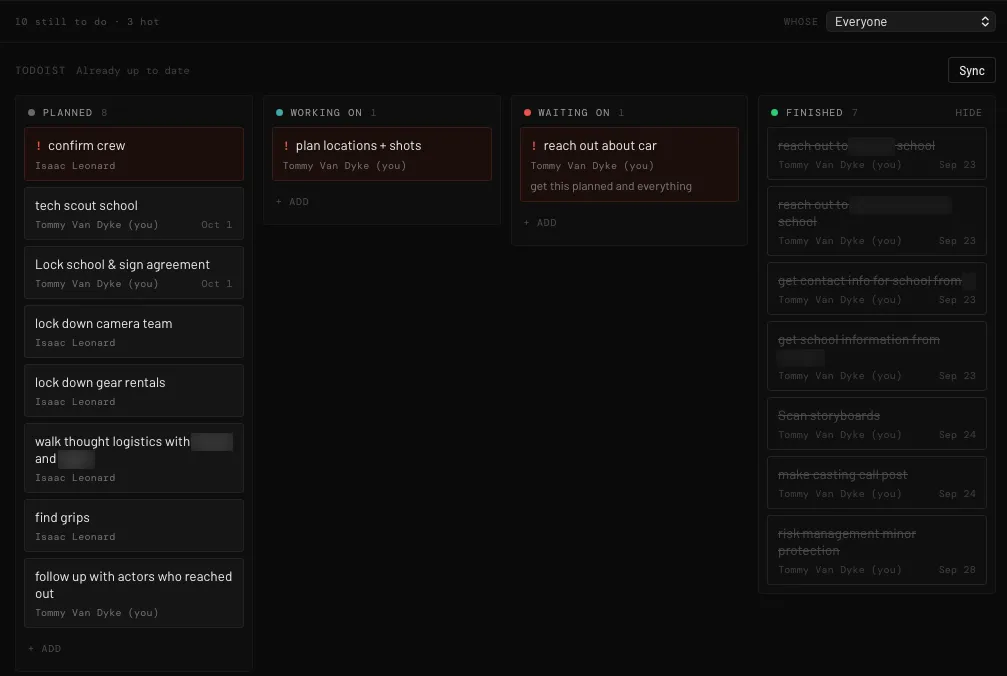 CrewDB's task board for the Rivian spot, synced with Todoist: tasks planned, being worked on, waiting on and finished, each with who it's on. A few names are blurred.