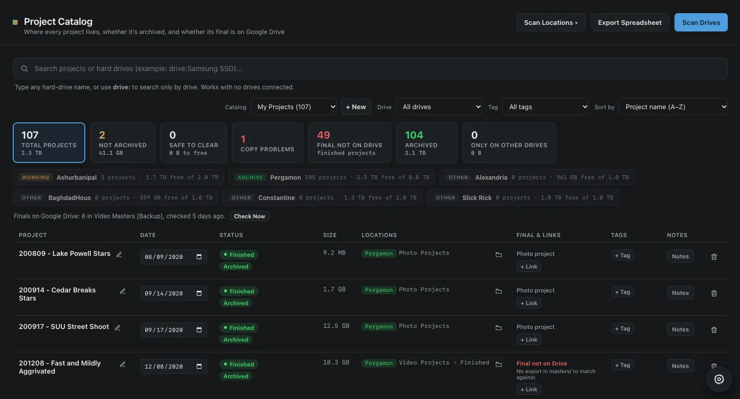 Project Catalog's main screen: 107 projects in 2.3 TB, 104 of them archived, the hard drives with their free space and a table of projects with each one's date, status, size, drive and whether its final is on Google Drive