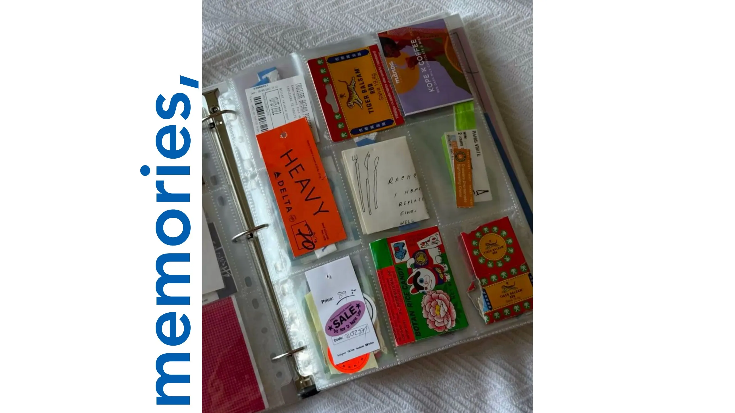 Manifesto slide: “memories,” beside a binder of saved tags and tickets