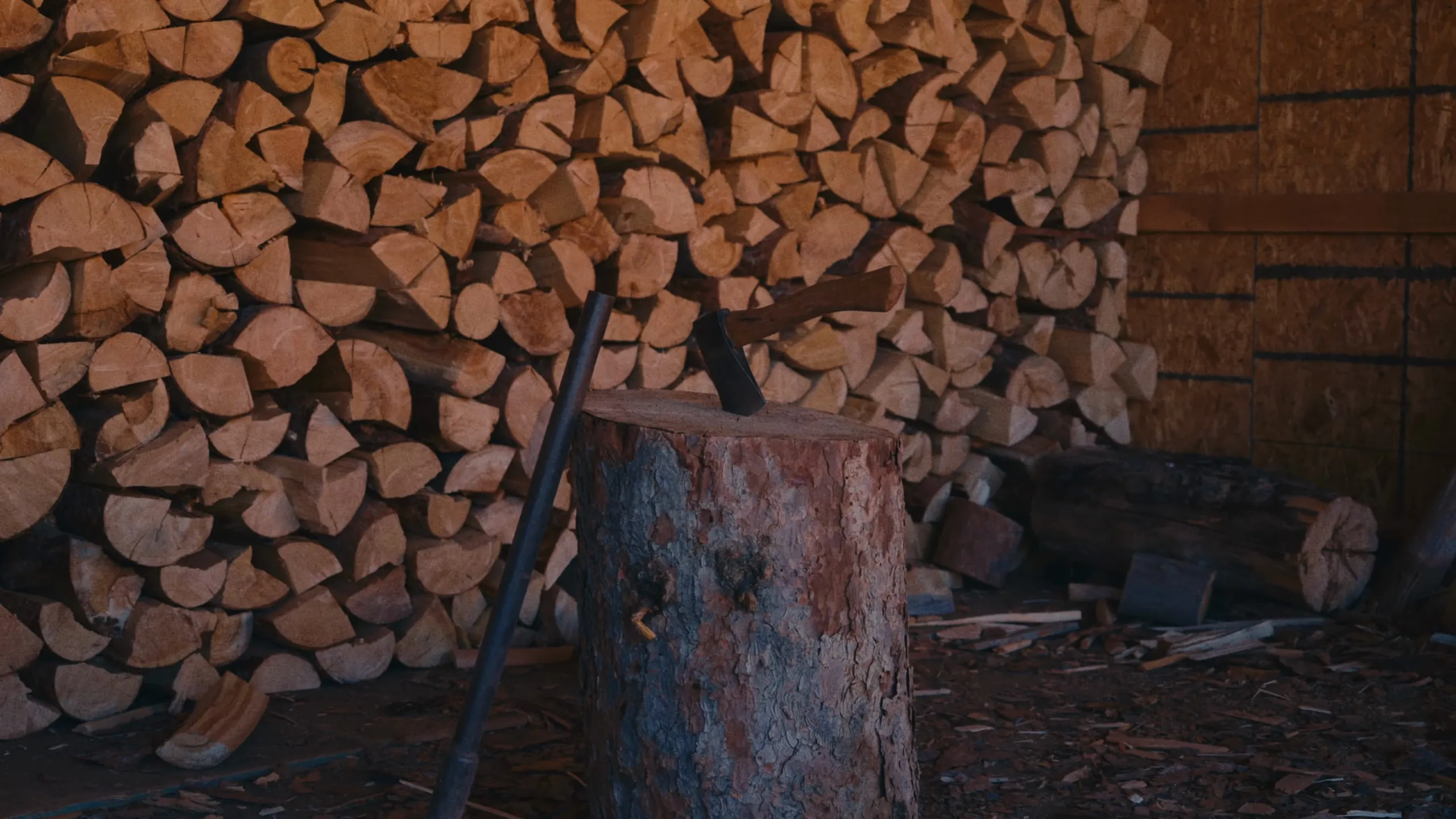 A woodpile and a chopping block with an axe in it