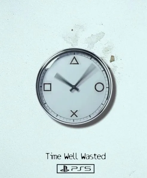 A wall clock with PlayStation button symbols in place of numbers, its hands blurred from spinning. “Time Well Wasted” with the PS5 logo