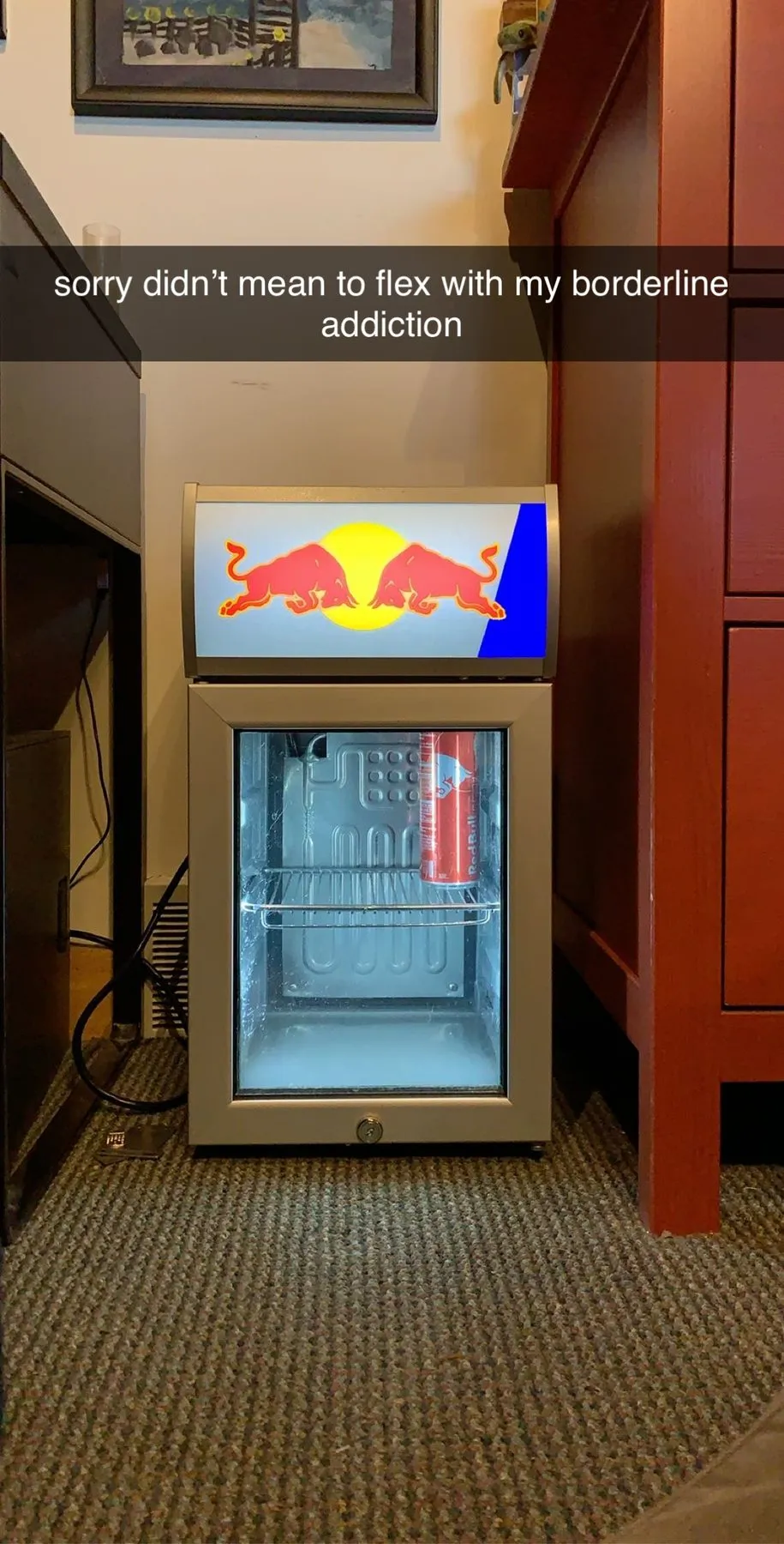The Red Bull mini fridge from Eagle Point, lit up, captioned "sorry didn't mean to flex with my borderline addiction"
