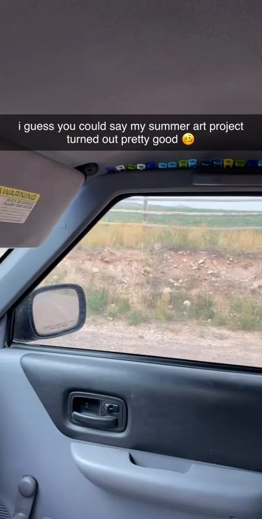 Red Bull tabs lining the headliner of Tommy's car, captioned "i guess you could say my summer art project turned out pretty good" with a woozy face emoji