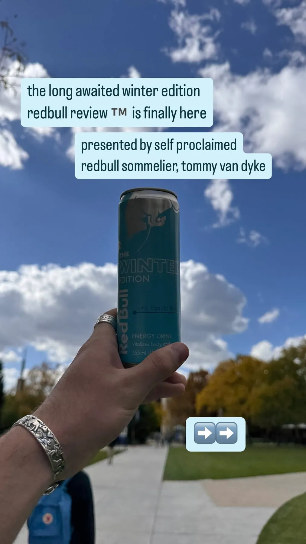 The 2024 Winter Edition, Iced Vanilla Berry, held up against the sky, captioned "the long awaited winter edition redbull review™ is finally here" and "presented by self proclaimed redbull sommelier, tommy van dyke"