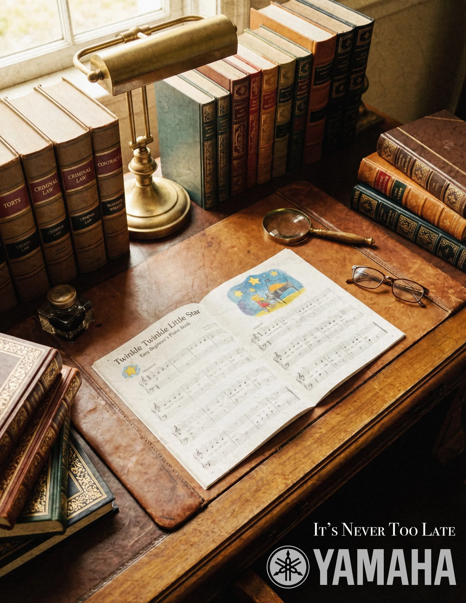 An open beginner’s piano book titled “Twinkle Twinkle Little Star” lies on a desk stacked with law books. “It’s Never Too Late” with the Yamaha logo