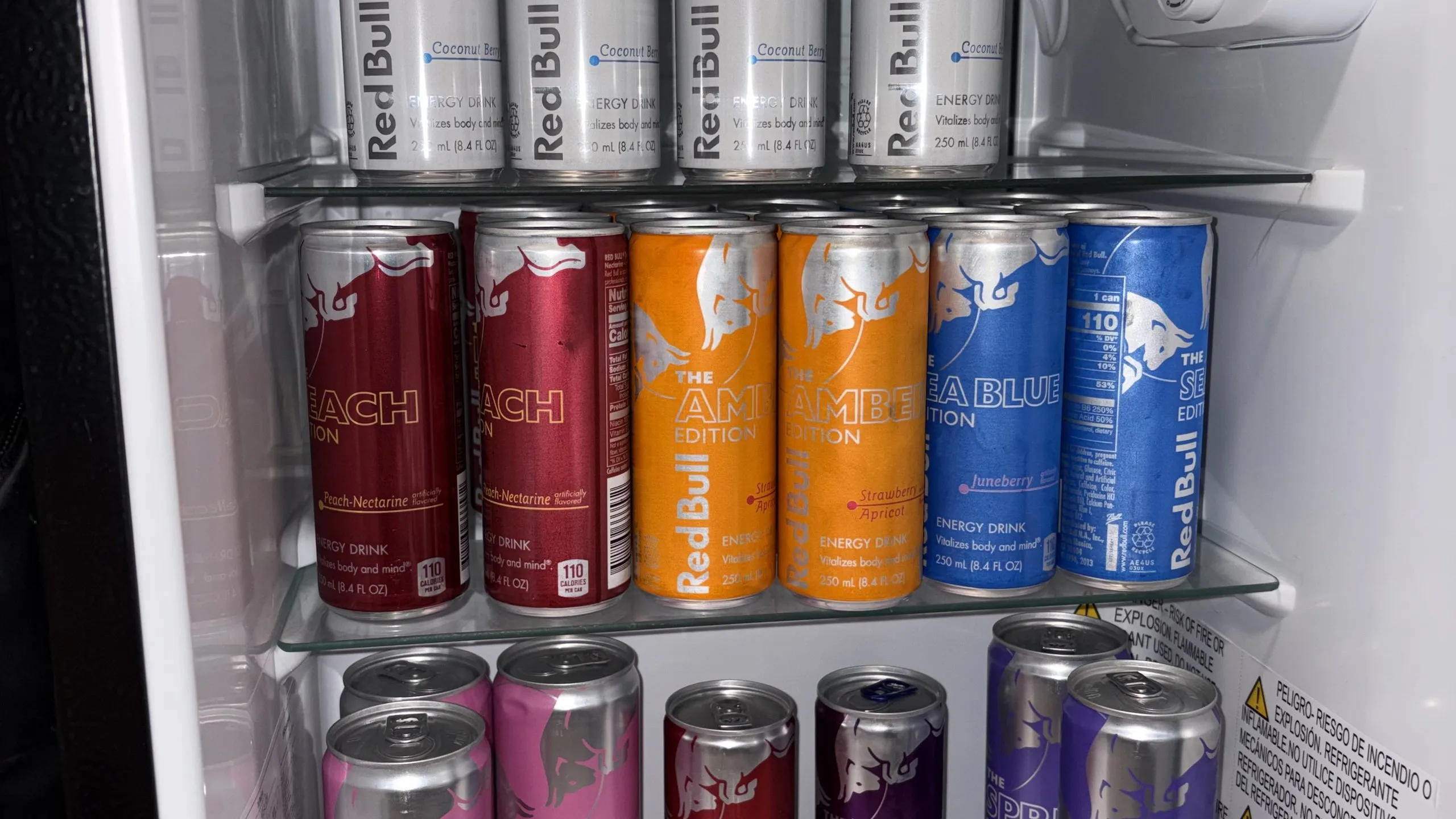 Tommy's fridge stocked with Red Bull: Coconut Berry on the top shelf, then the Peach, Amber and Sea Blue editions, more cans below